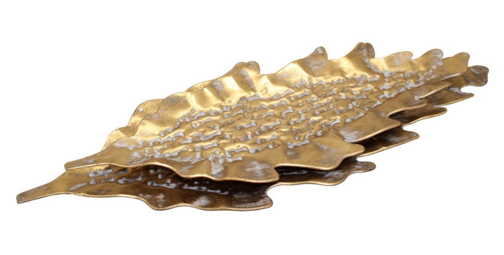 Burnished Gold Oak Leaf Metal Tray Set of 2