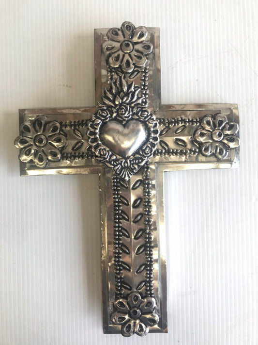 Rustic Silver Tin Cross With Heart