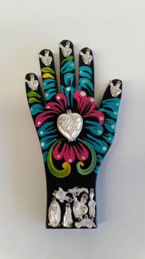 Healing Hand with Milagros Wood & Metal 11x21cm