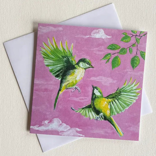 Card Green Bird on Pink Sky