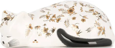 Golden Flora Ceramic Cat Statue - Gilded White